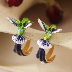 Women Flying Humming Bird Oil Painting Earrings