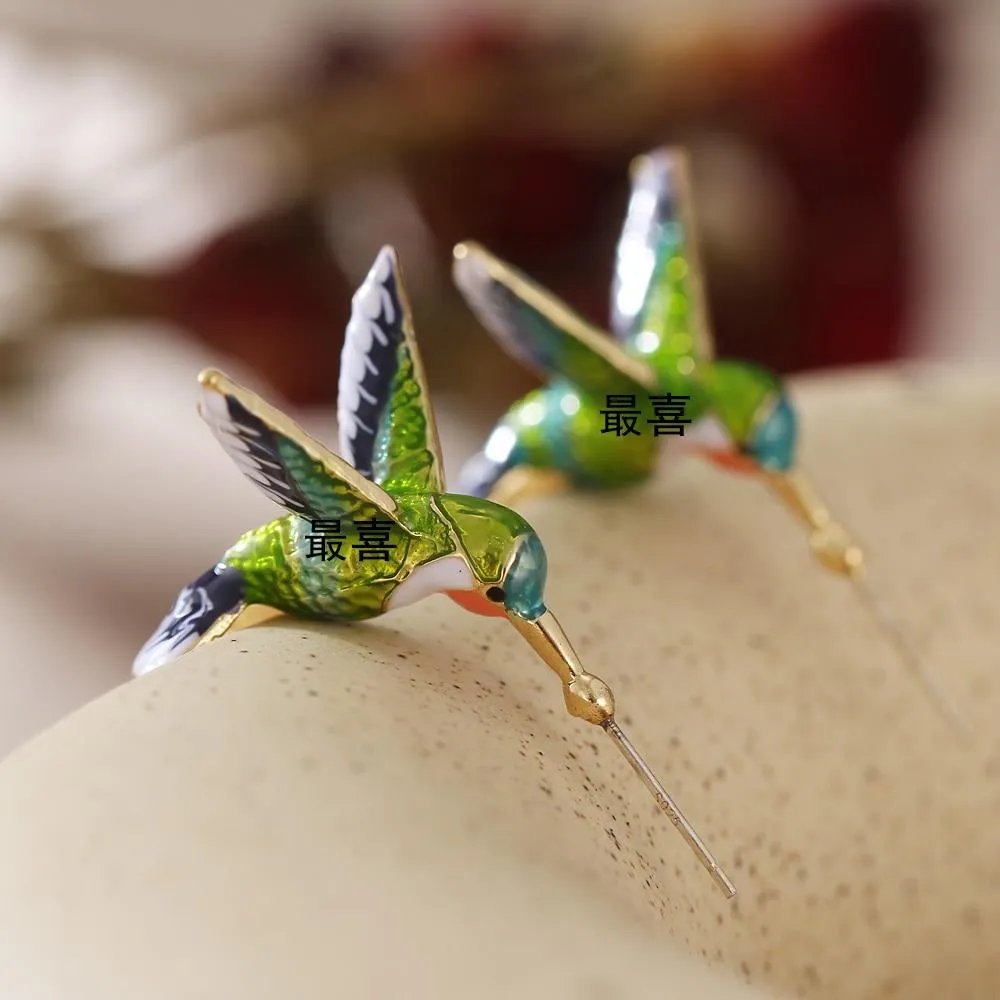 Women Flying Humming Bird Oil Painting Earrings
