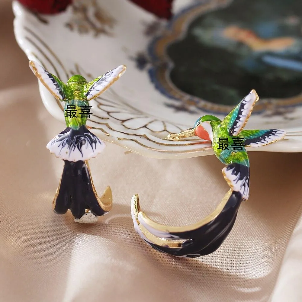 Women Flying Humming Bird Oil Painting Earrings