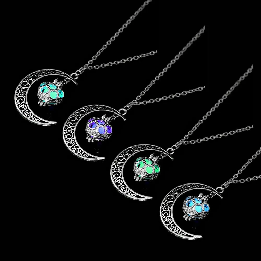 Women Gem Charm Silver Jewelry Moon Glowing Stone Necklace