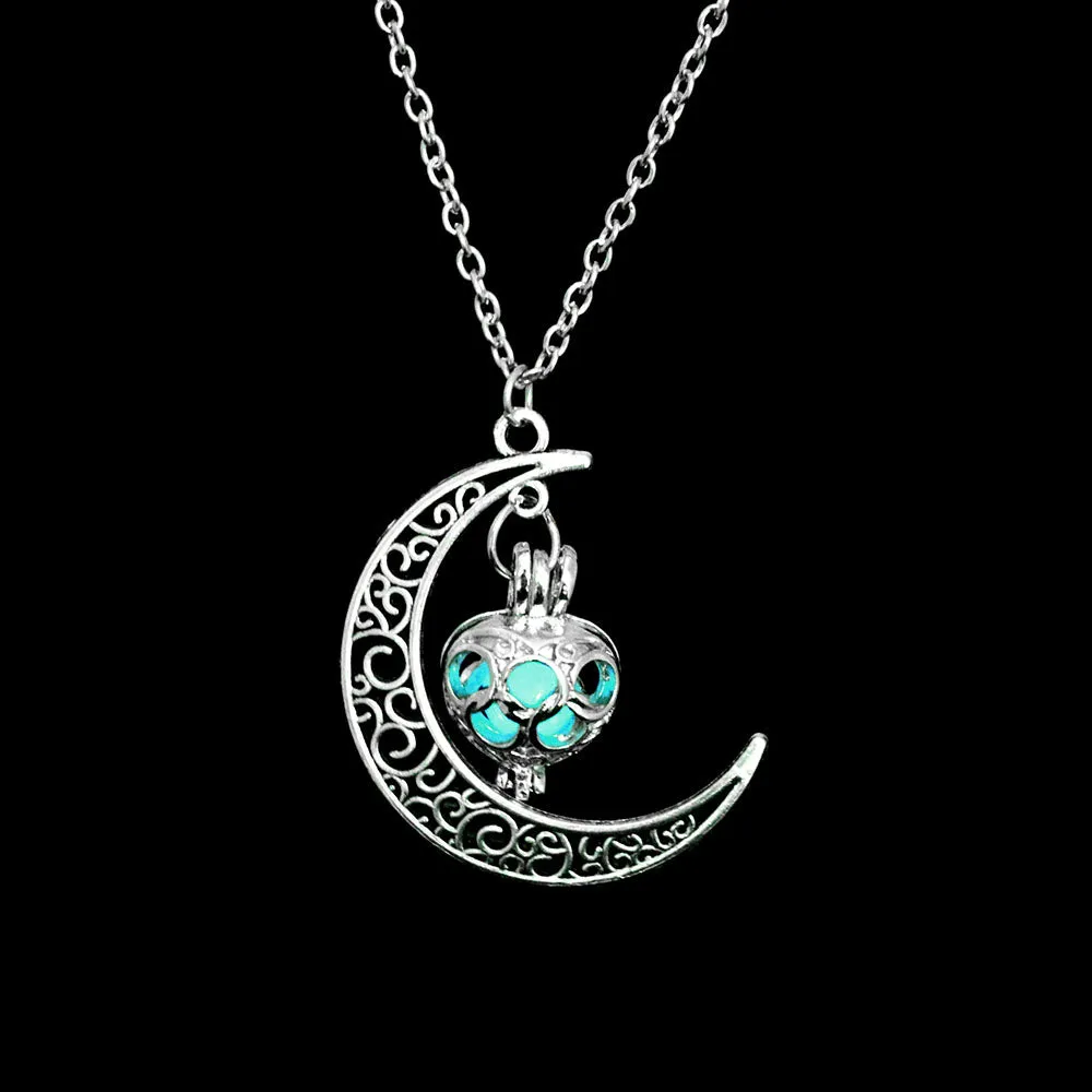 Women Gem Charm Silver Jewelry Moon Glowing Stone Necklace