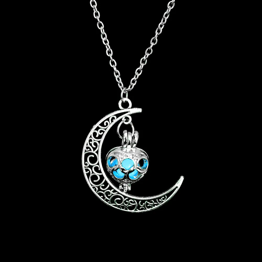 Women Gem Charm Silver Jewelry Moon Glowing Stone Necklace