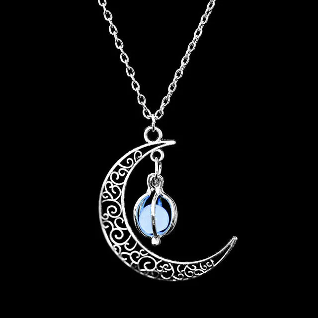 Women Gem Charm Silver Jewelry Moon Glowing Stone Necklace