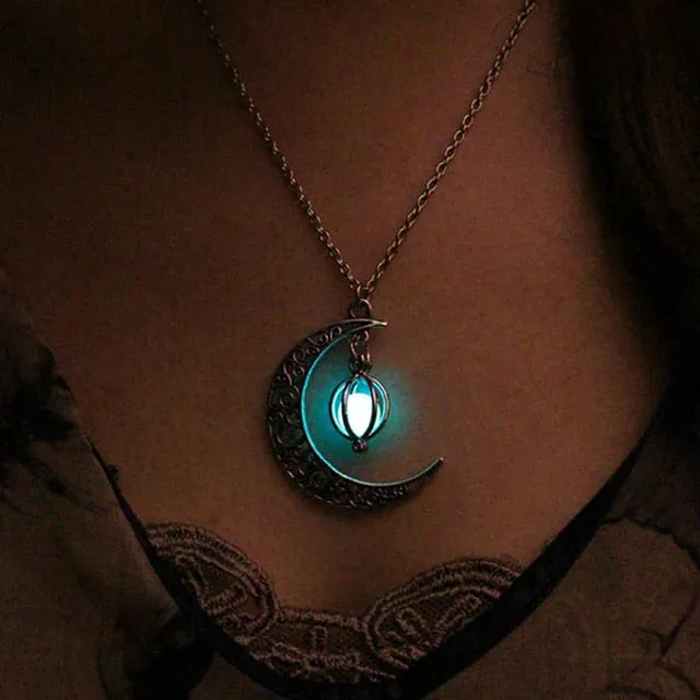 Women Gem Charm Silver Jewelry Moon Glowing Stone Necklace