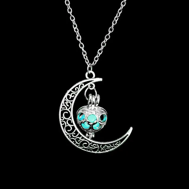 Women Gem Charm Silver Jewelry Moon Glowing Stone Necklace