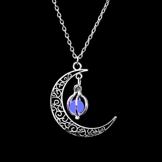 Women Gem Charm Silver Jewelry Moon Glowing Stone Necklace