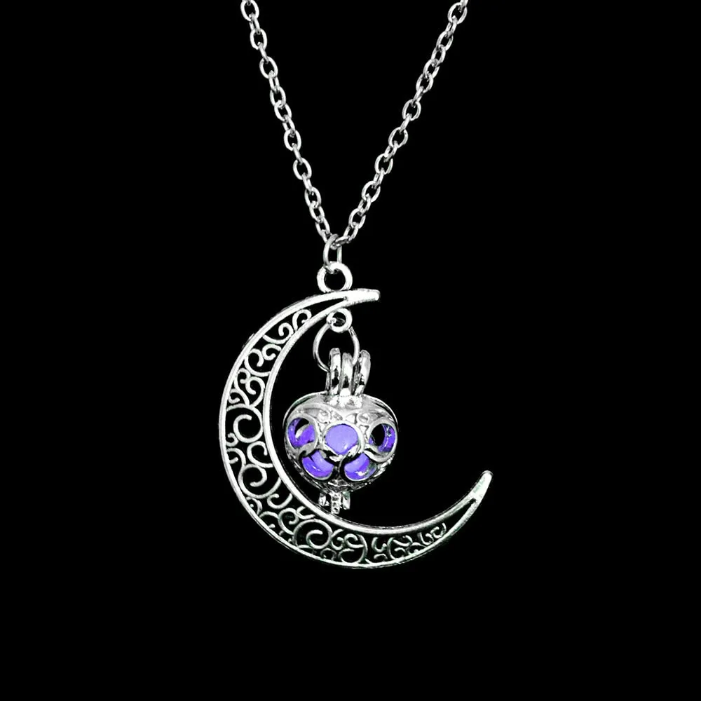 Women Gem Charm Silver Jewelry Moon Glowing Stone Necklace