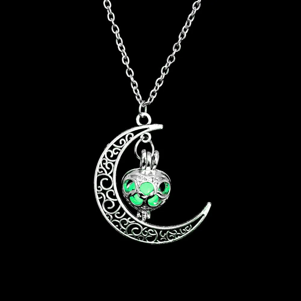 Women Gem Charm Silver Jewelry Moon Glowing Stone Necklace