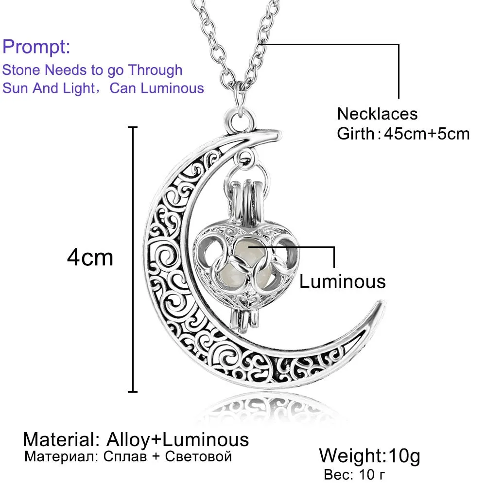 Women Gem Charm Silver Jewelry Moon Glowing Stone Necklace