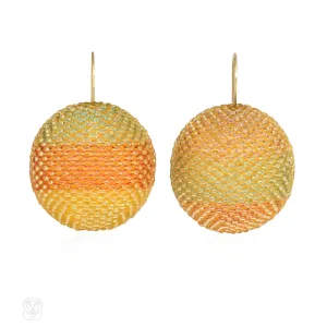 Yellow glass beaded ball earrings with multicolored thread